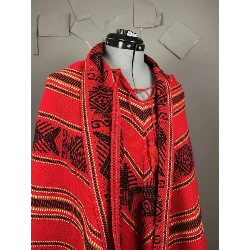 Red Black Woven Geometric Fringe Poncho Cape Shawl Boho Festival One Size